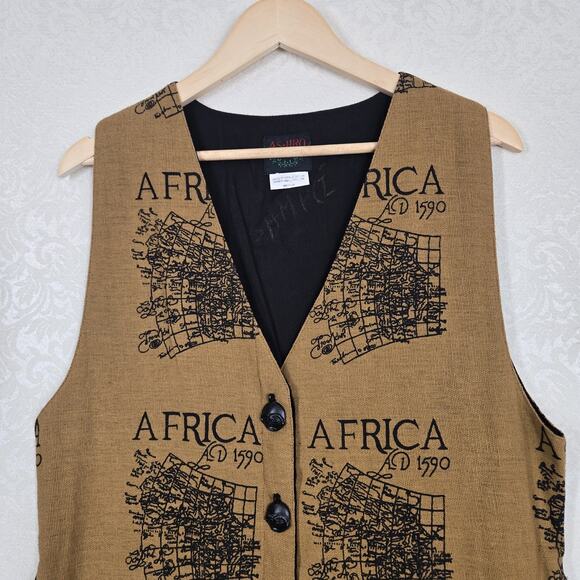 VTG Ashro Africa Map Print Vest sz M Brown Black 100% Cotton Back Adj Belt - Picture 2 of 15
